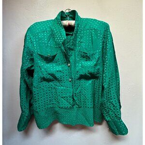Vintage Starington Womens Long Sleeve Silk Button Up Shirt Sz 10 Green Geometric